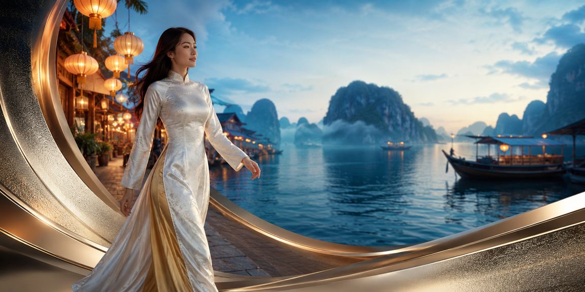 Người phụ nữ mặc áo dài tại Vịnh Hạ Long sử dụng điện thoại để truy cập casino trực tuyến